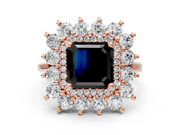 Rose Gold Asscher Cut Floral Double Halo Engagement Ring Setting for Black Center