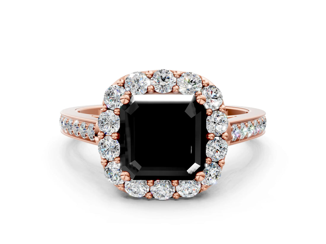 Rose gold Fancy Black Asscher Cut Diamond Floral Halo Ring with Pavé Band and Prong Setting_3