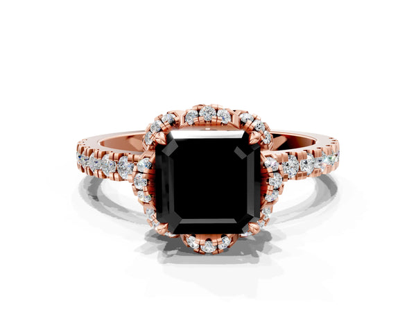 Rose Gold Asscher Cut Four Petal Floral Halo Engagement Ring Setting for Black Center