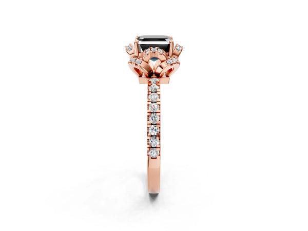 Rose Gold Asscher Cut Four Petal Floral Halo Engagement Ring Setting for Black Center