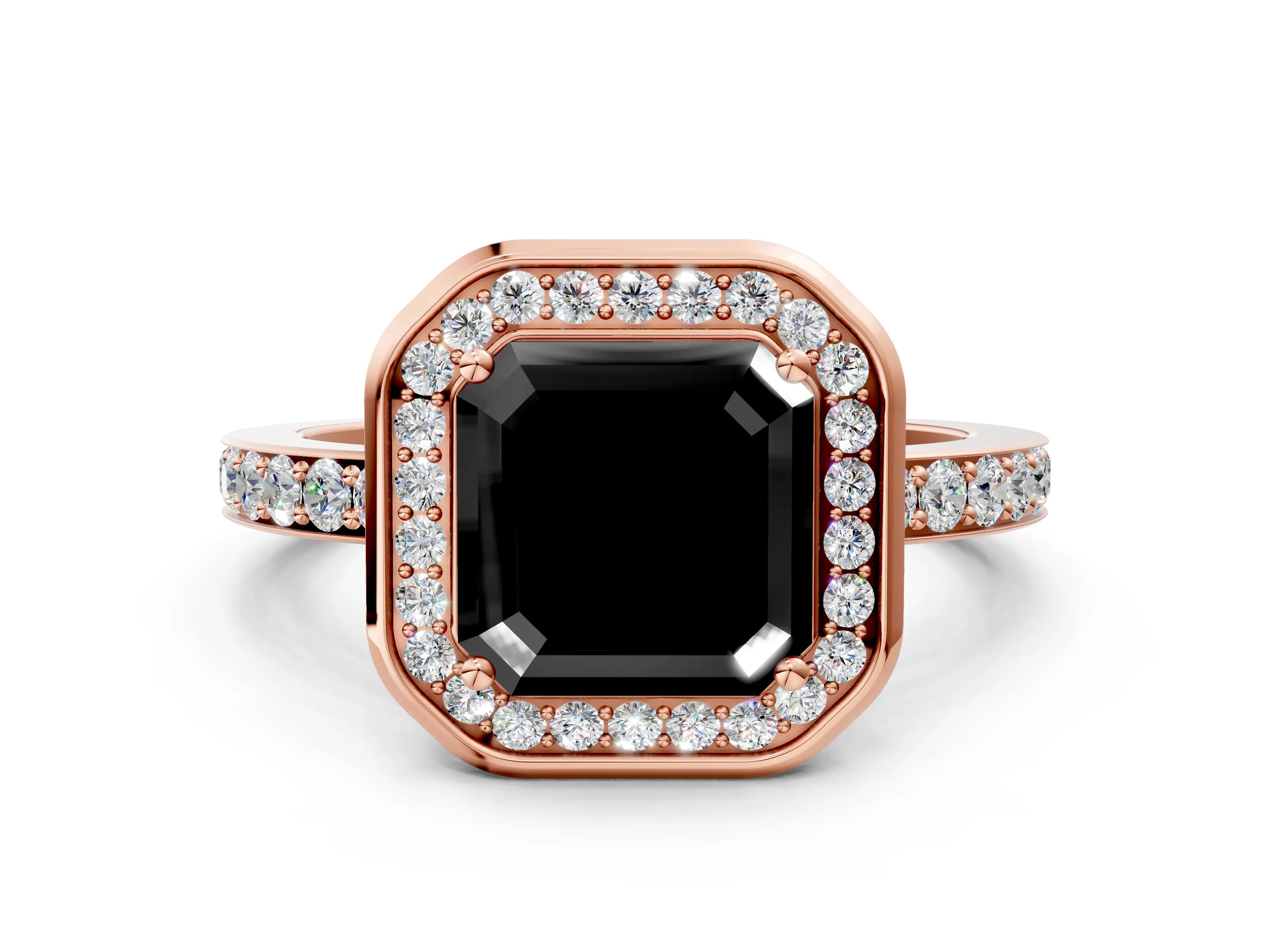 Rose gold Fancy Black Asscher Cut Diamond Halo Ring with Bezel Frame and Pavé Band