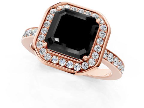 Rose gold Fancy Black Asscher Cut Diamond Halo Ring with Bezel Frame and Pavé Band_1