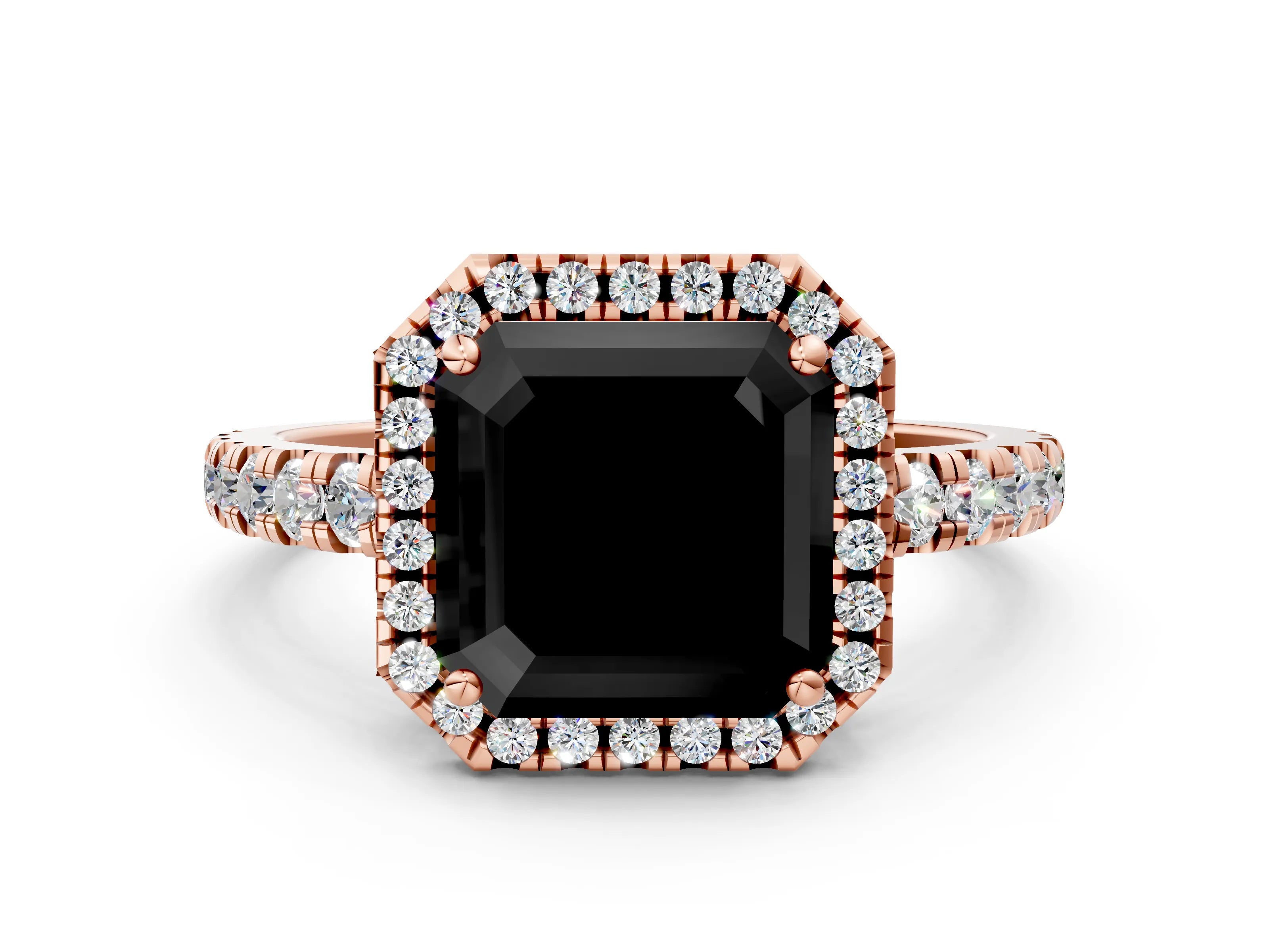 Rose gold Fancy Black Asscher Cut Diamond Halo Ring with Pavé Band and Four-Prong Setting
