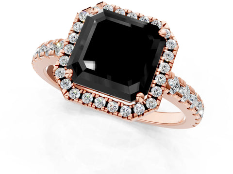 Rose gold Fancy Black Asscher Cut Diamond Halo Ring with Pavé Band and Four-Prong Setting_1
