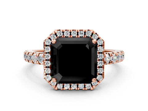Rose gold Fancy Black Asscher Cut Diamond Halo Ring with Pavé Band and Four-Prong Setting