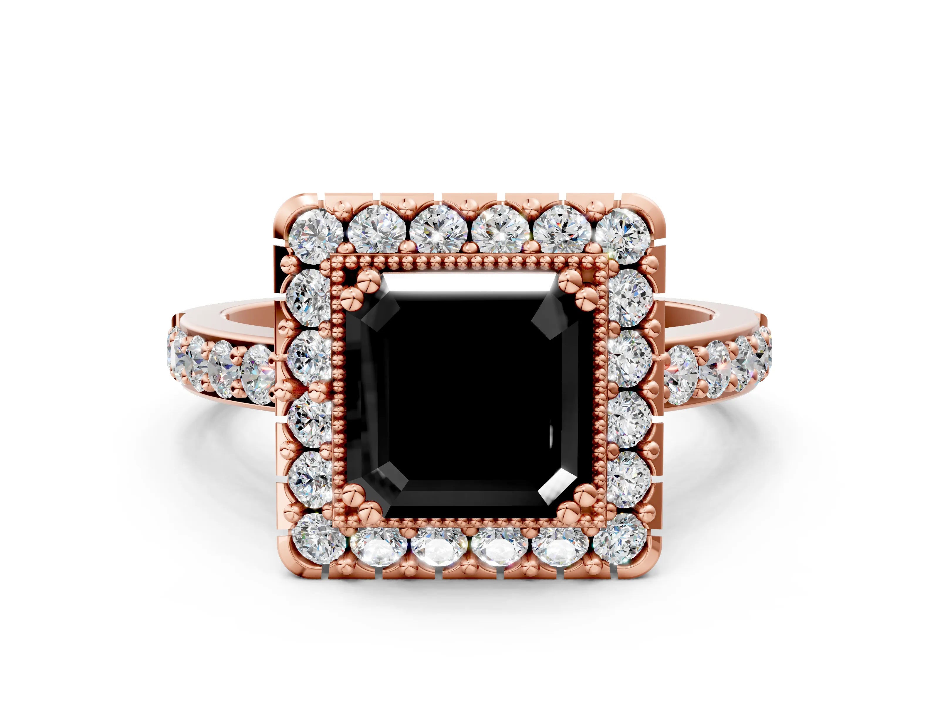 Rose gold Fancy Black Asscher Cut Diamond Halo Ring with Pavé Band and Prong Setting