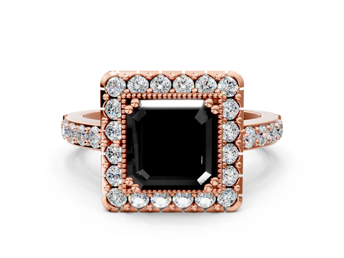 Rose gold Fancy Black Asscher Cut Diamond Halo Ring with Pavé Band and Prong Setting