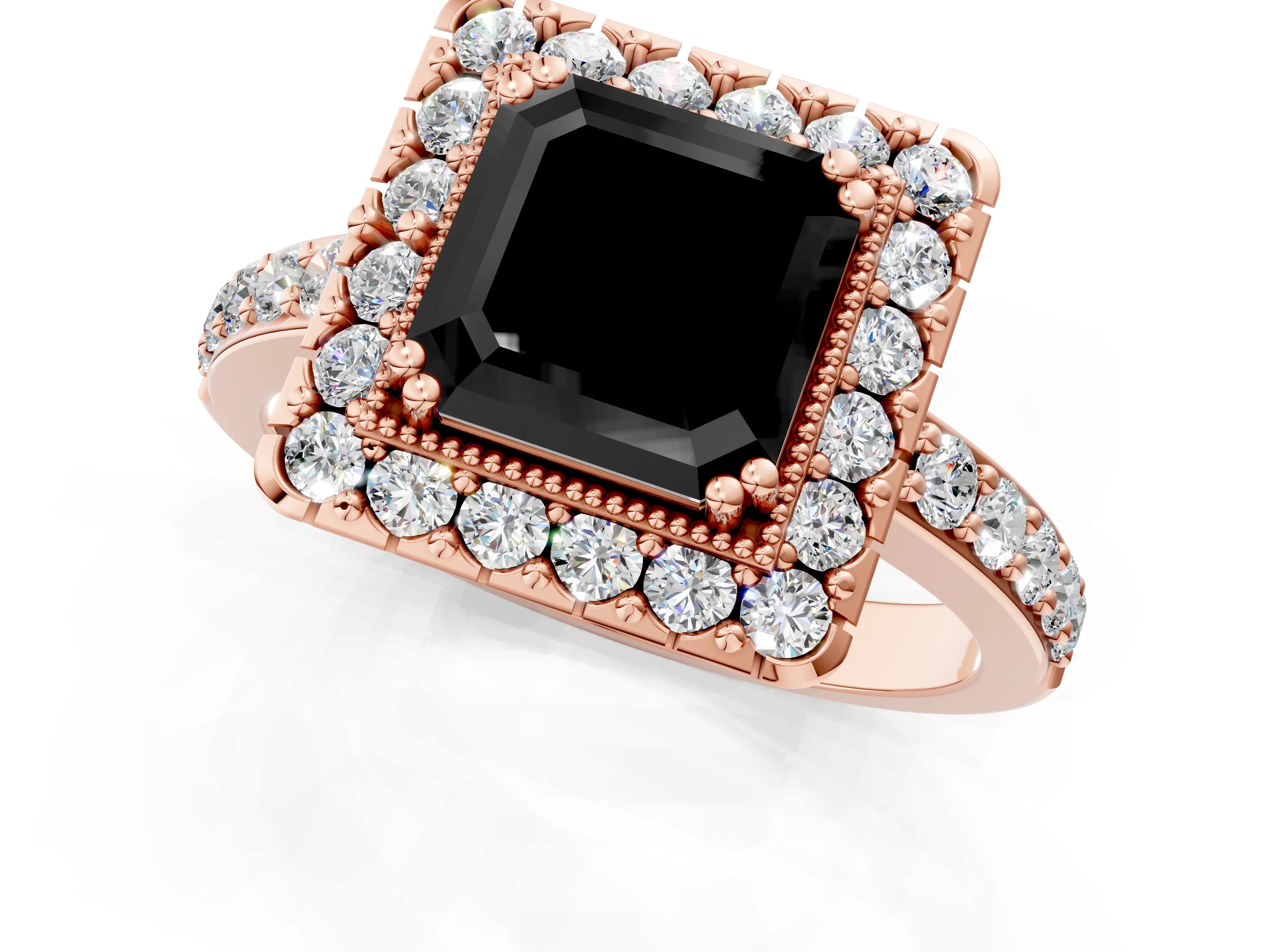 Rose gold Fancy Black Asscher Cut Diamond Halo Ring with Pavé Band and Prong Setting_1