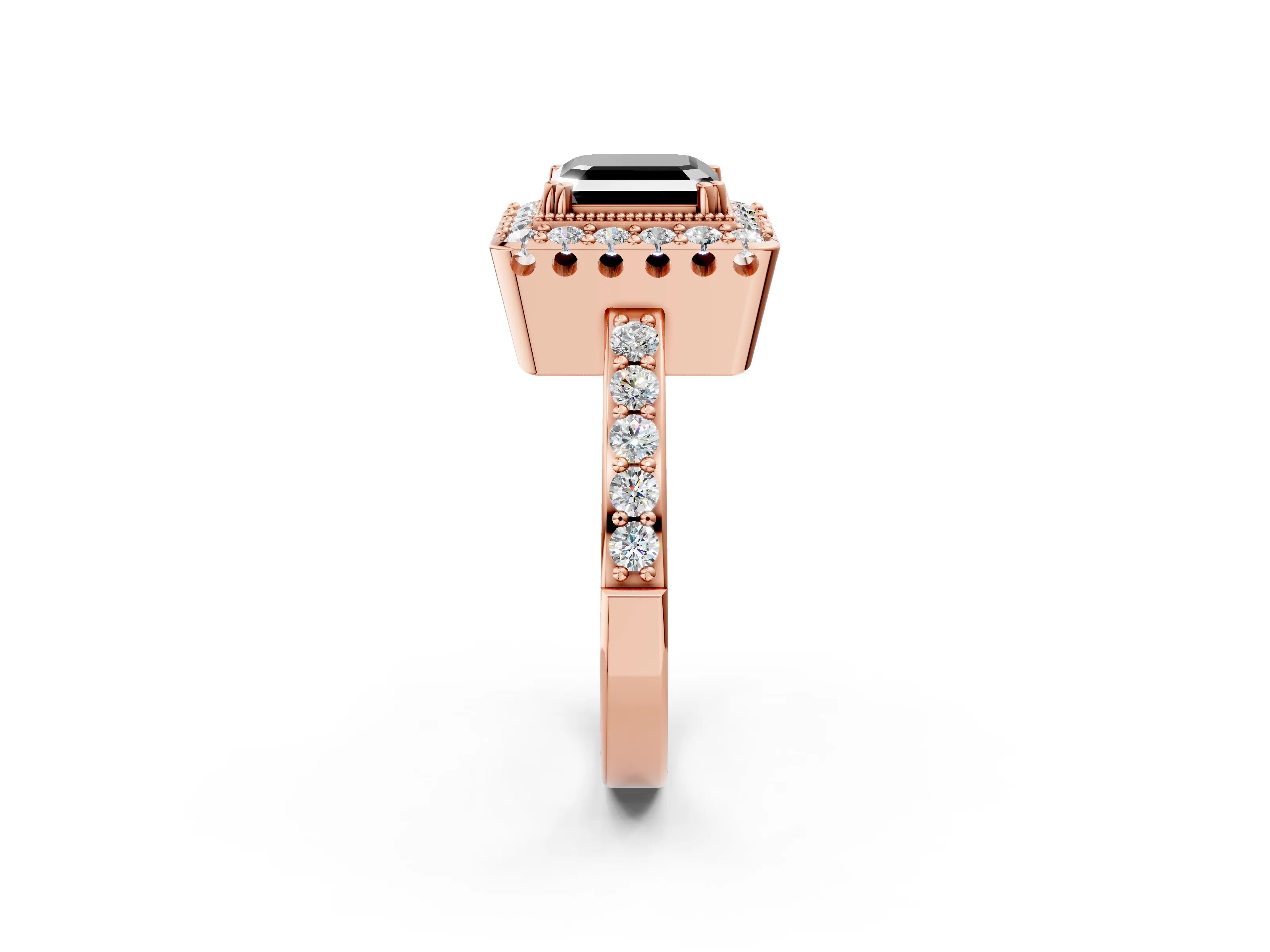 Rose gold Fancy Black Asscher Cut Diamond Halo Ring with Pavé Band and Prong Setting_2
