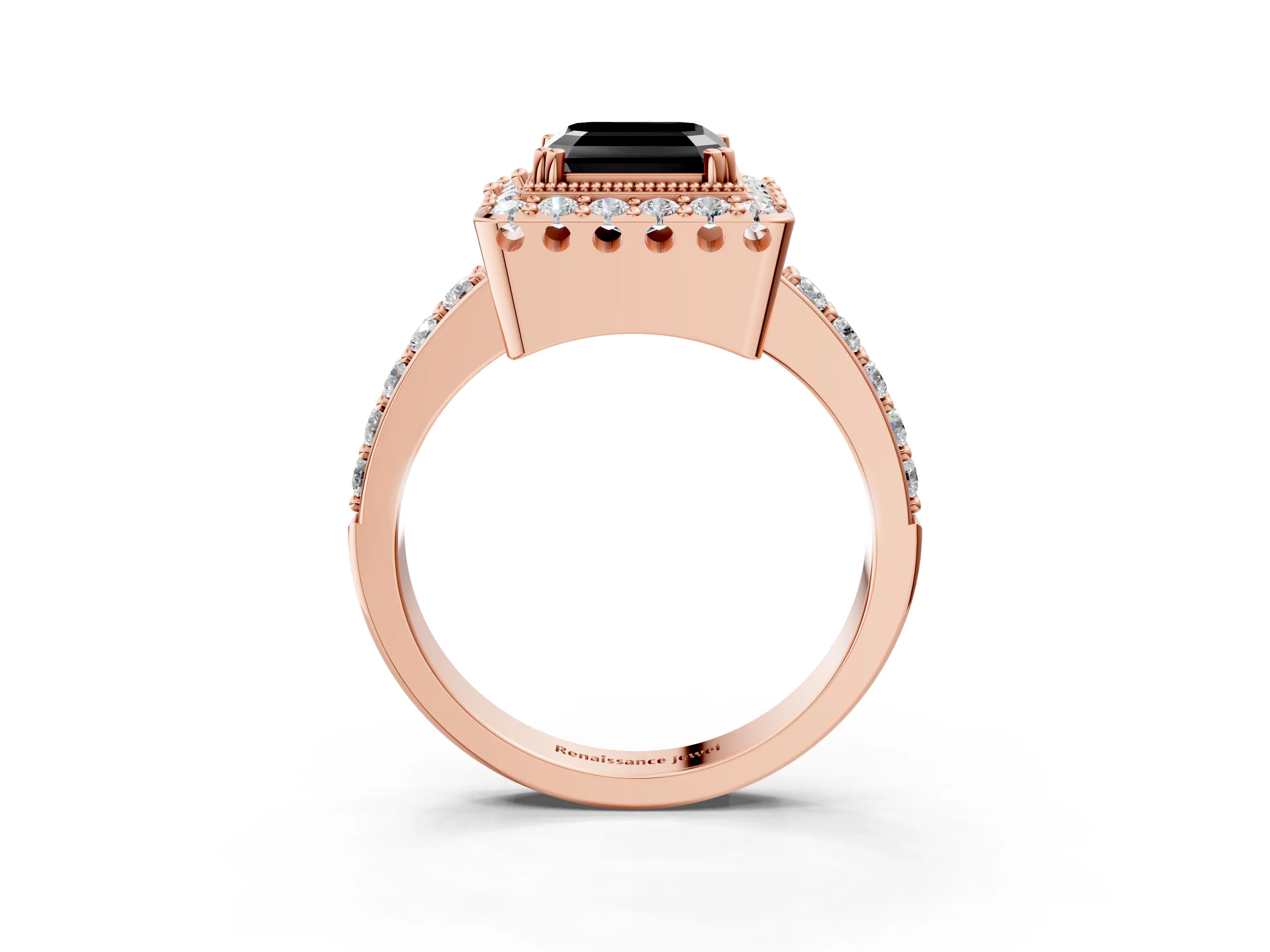 Rose gold Fancy Black Asscher Cut Diamond Halo Ring with Pavé Band and Prong Setting_3