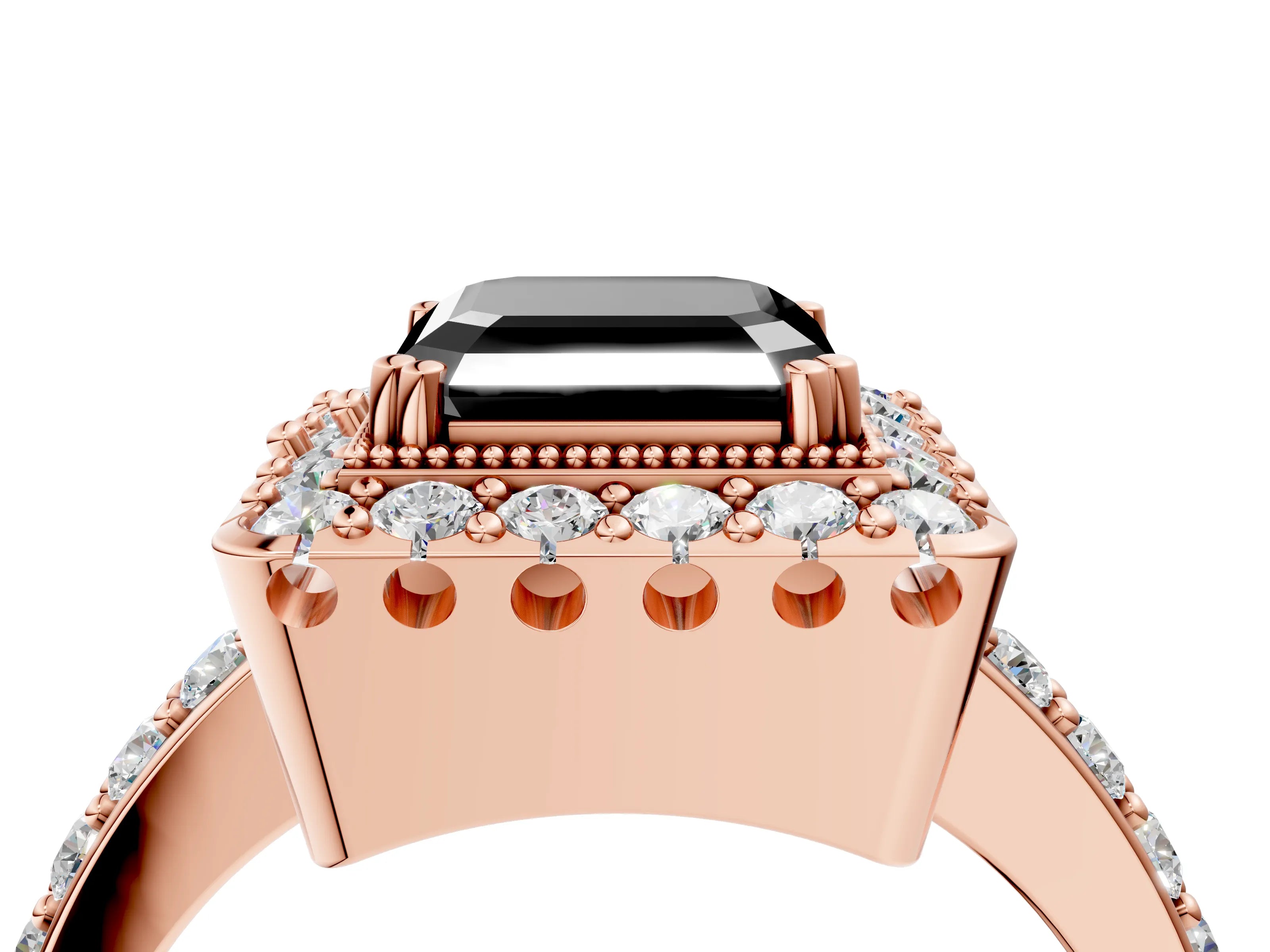 Rose gold Fancy Black Asscher Cut Diamond Halo Ring with Pavé Band and Prong Setting_4