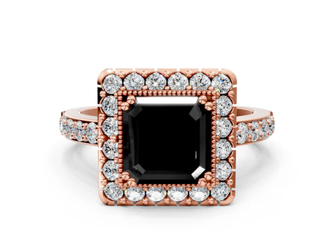Rose gold Fancy Black Asscher Cut Diamond Halo Ring with Pavé Band and Prong Setting