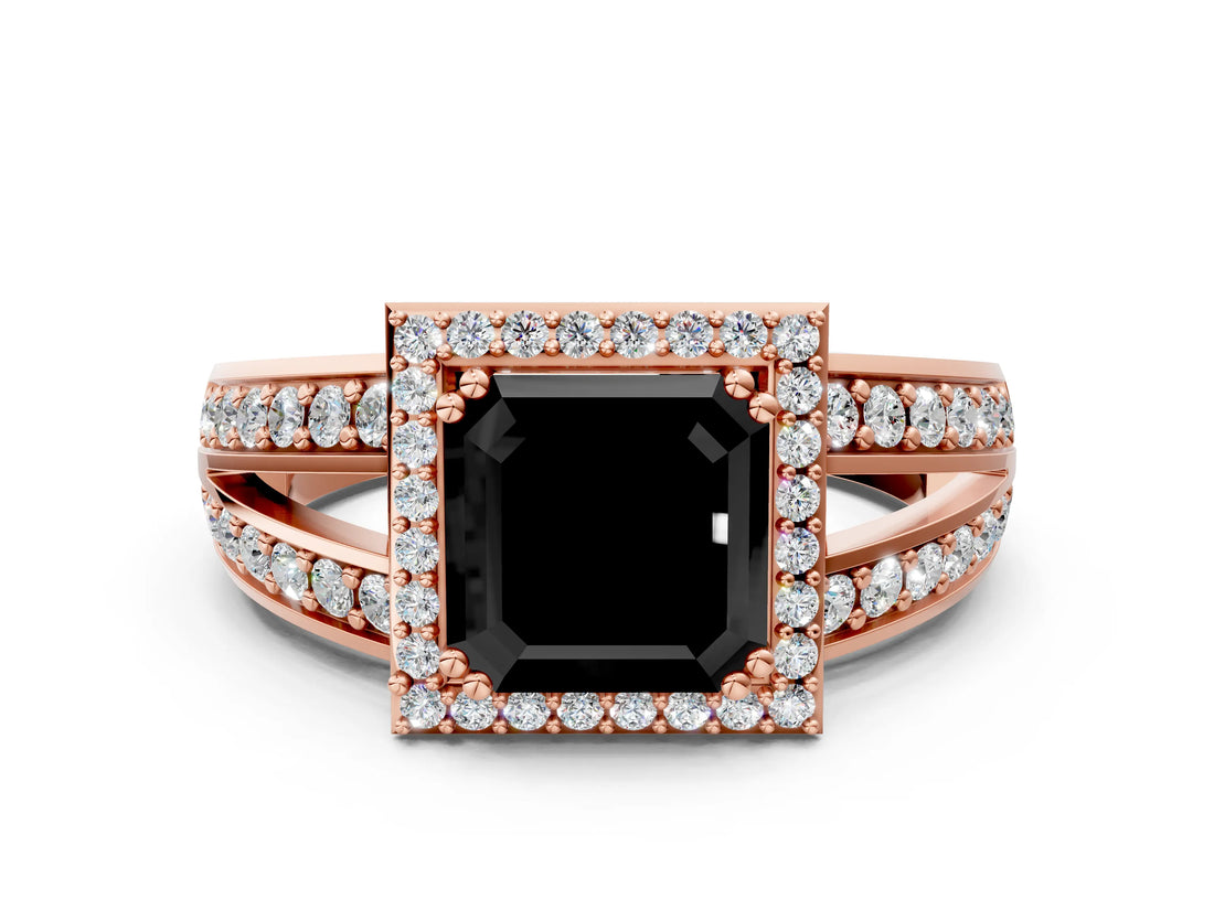 Rose gold Fancy Black Asscher Cut Diamond Halo Ring with Split Shank Pavé Band and Four-Prong Setting