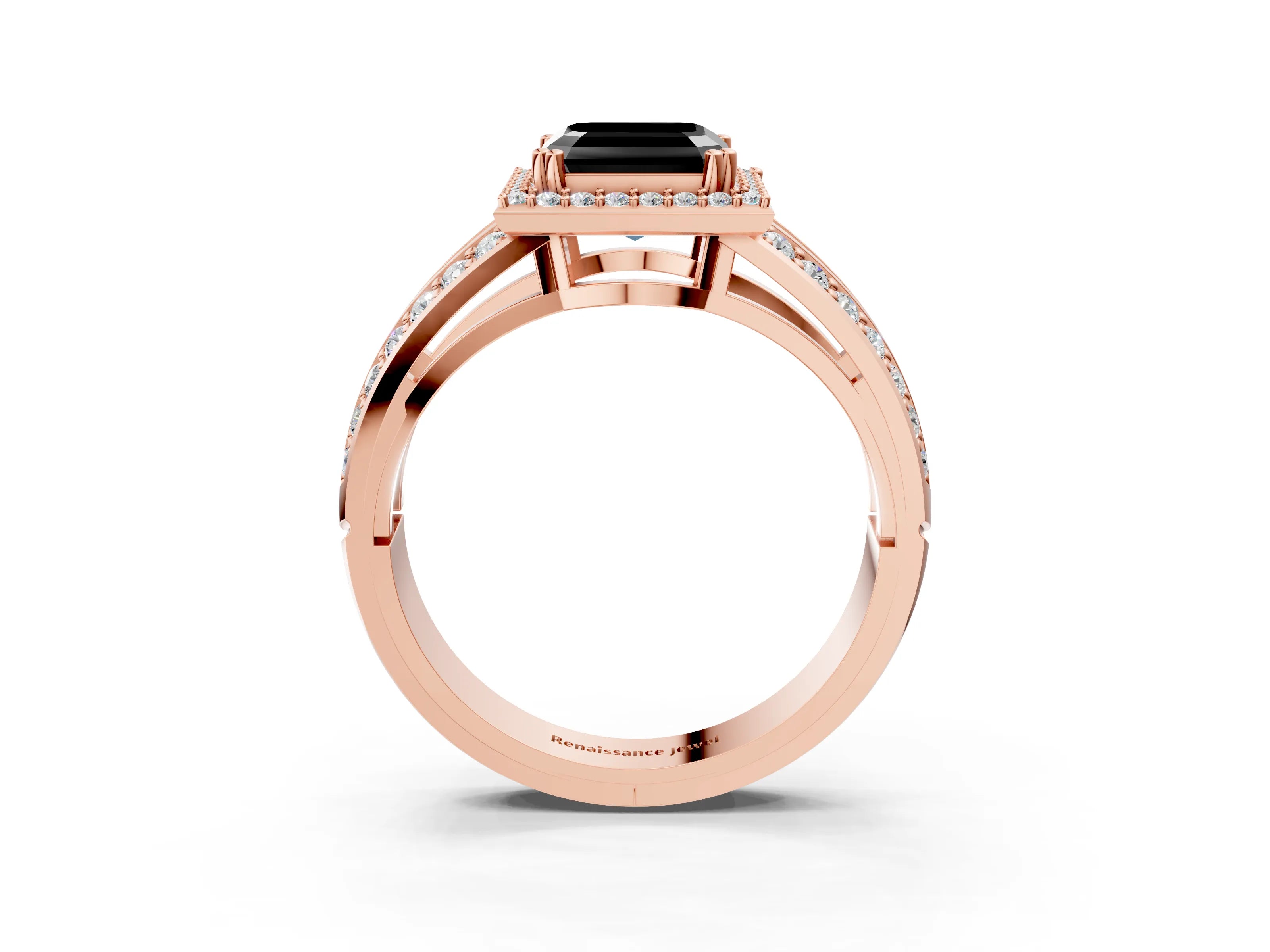 Rose gold Fancy Black Asscher Cut Diamond Halo Ring with Split Shank Pavé Band and Four-Prong Setting_3