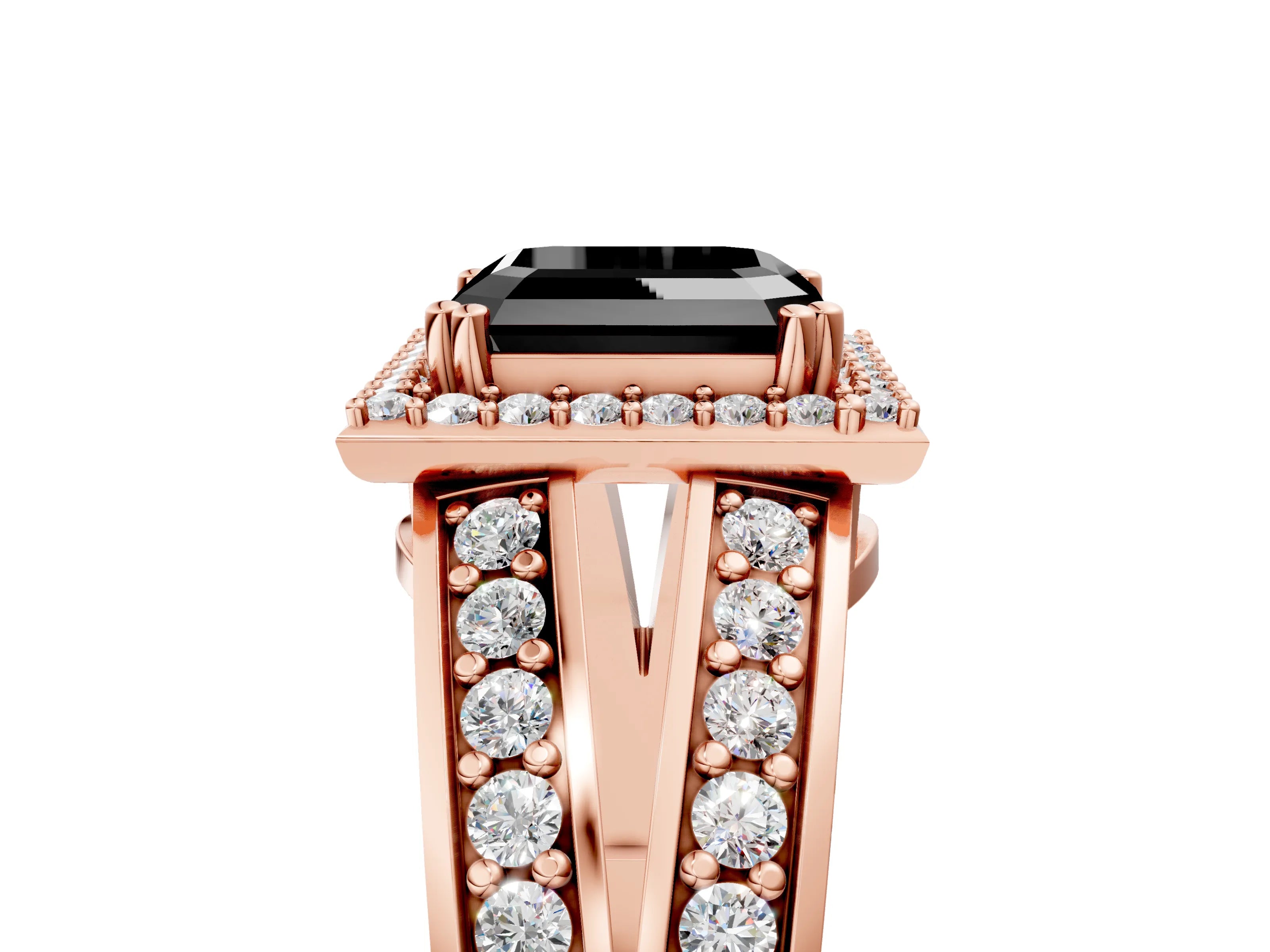 Rose gold Fancy Black Asscher Cut Diamond Halo Ring with Split Shank Pavé Band and Four-Prong Setting_5