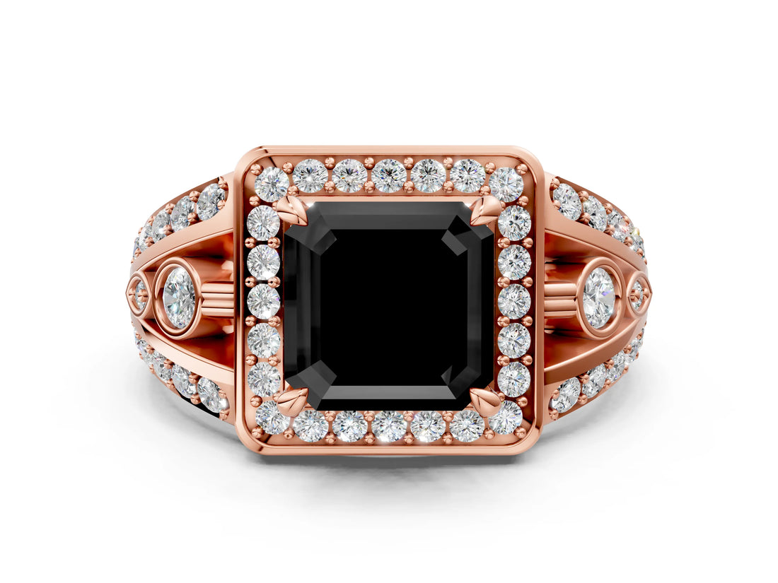 Rose gold Fancy Black Asscher Cut Diamond Halo Ring with Split Shank and Bezel Accents and Four-Prong Setting