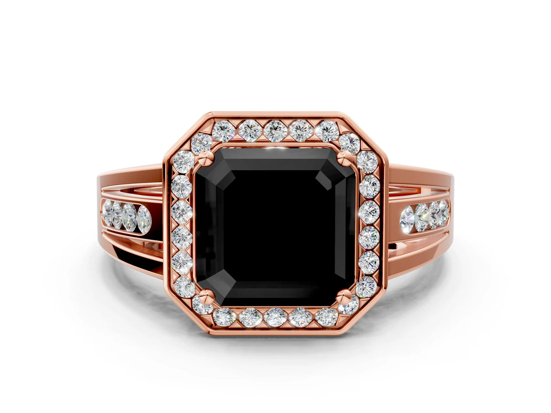 Rose gold Fancy Black Asscher Cut Diamond Halo Ring with Split Shank and Bezel Accents and Prong Setting