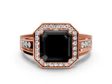 Rose gold Fancy Black Asscher Cut Diamond Halo Ring with Split Shank and Bezel Accents and Prong Setting