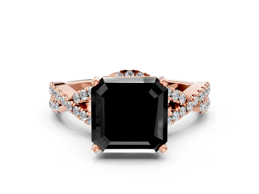 Rose gold Fancy Black Asscher Cut Diamond Halo Twist Band Solitaire Prong Setting Ring