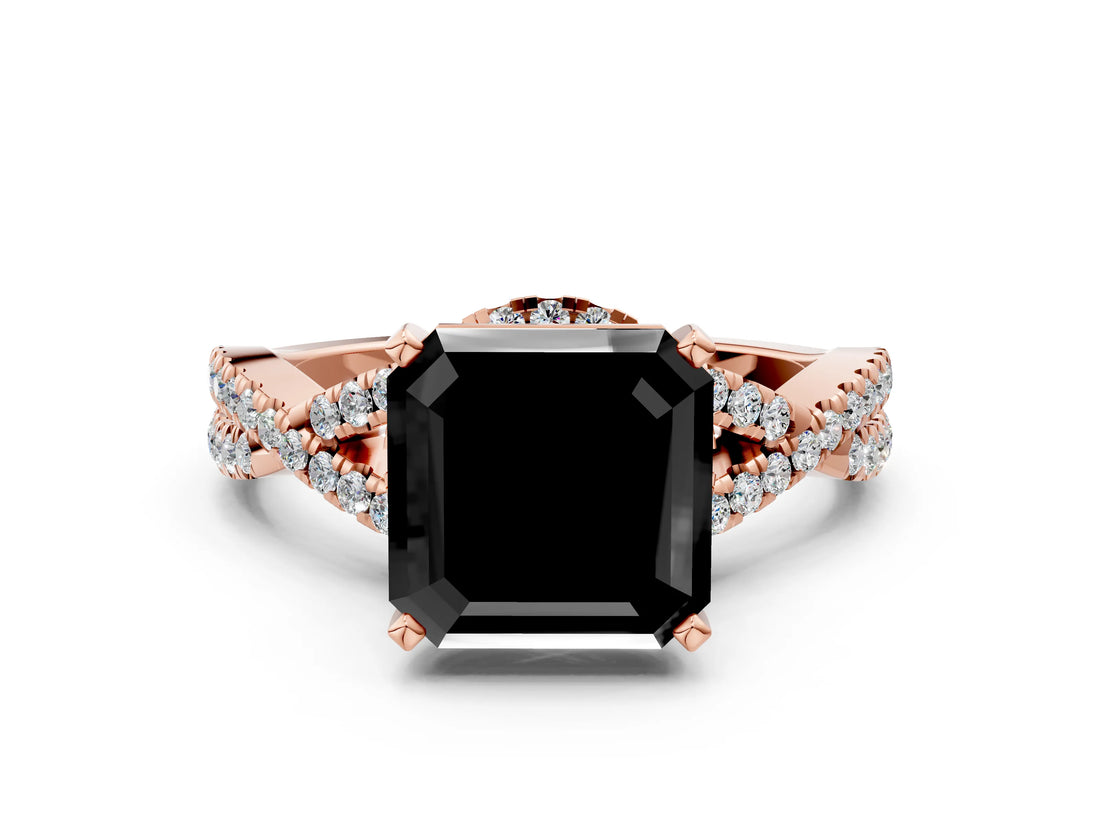 Rose gold Fancy Black Asscher Cut Diamond  Halo Twist Band Solitaire Prong Setting Ring_42