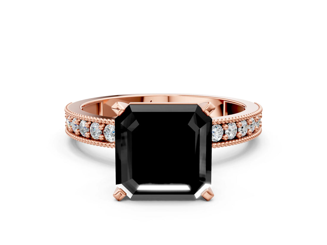 Rose gold Fancy Black Asscher Cut Diamond Milgrain Pavé Engagement Ring with Four-Prong Setting