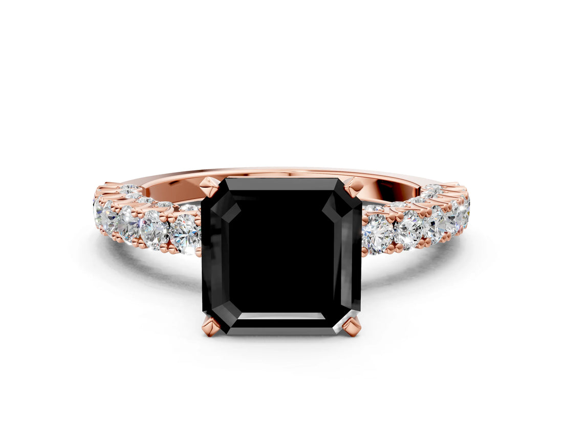 Rose gold Fancy Black Asscher Cut Diamond Pavé Band Solitaire Ring with Four-Prong Setting