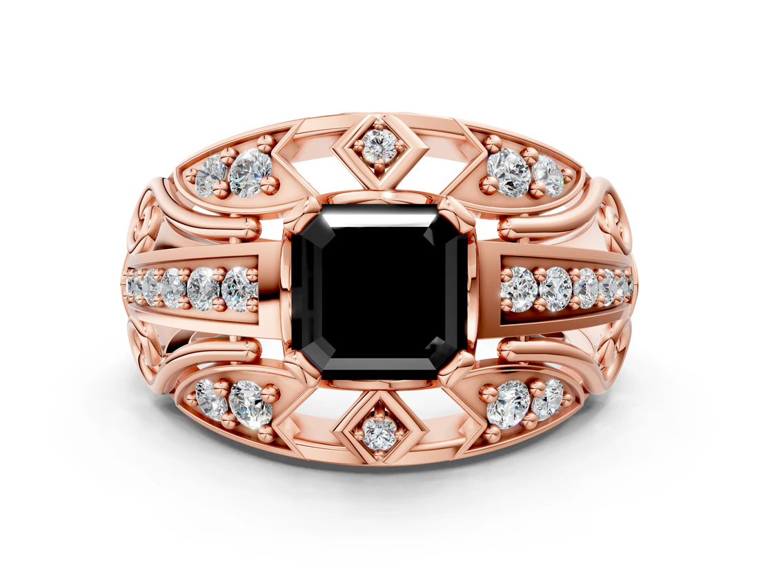 Rose gold Fancy Black Asscher Cut Diamond Pave Art Deco Split Shank Ring with Four-Prong Setting