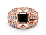 Rose gold Fancy Black Asscher Cut Diamond Pave Art Deco Split Shank Ring with Four-Prong Setting