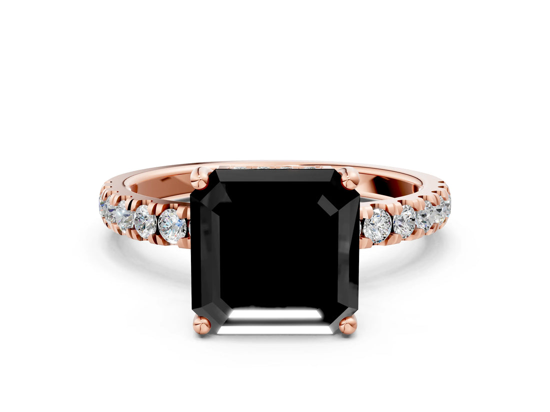 Rose gold Fancy Black Asscher Cut Diamond Pave Band Solitaire Ring with Four-Prong Setting_12