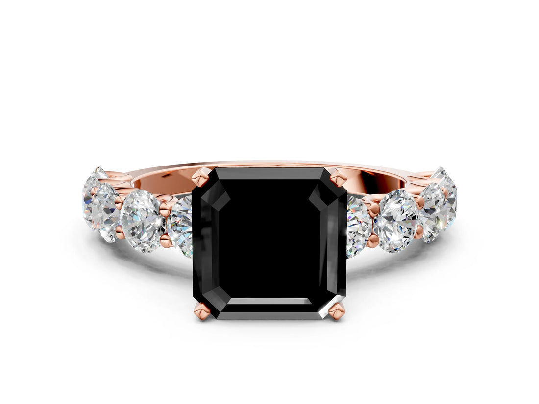 Rose gold Fancy Black Asscher Cut Diamond Prong Setting with Side Stones on a Pave Band