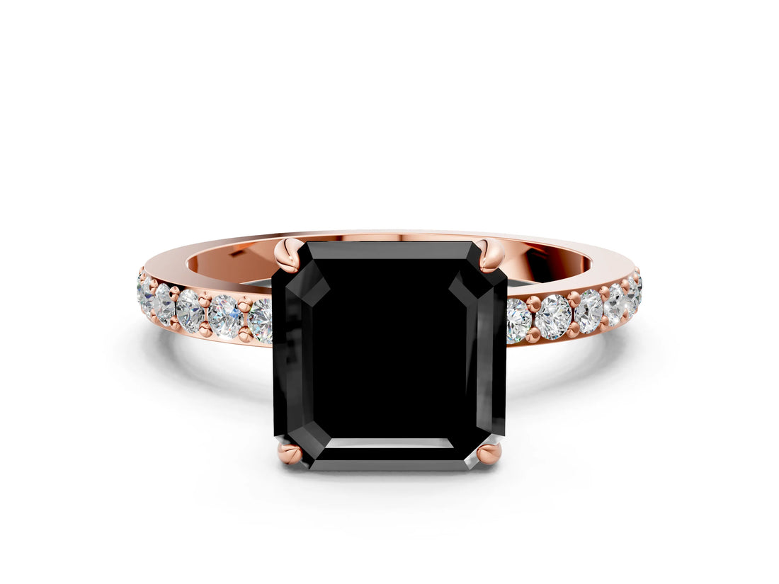 Rose gold Fancy Black Asscher Cut Diamond Ring with Pavé Band and Four-Prong Setting