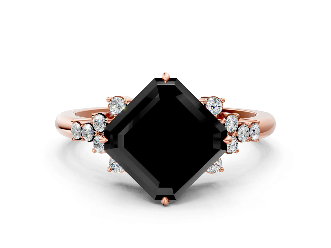 Rose gold Fancy Black Asscher Cut Diamond Ring with Side Stones and Four-Prong Setting_36