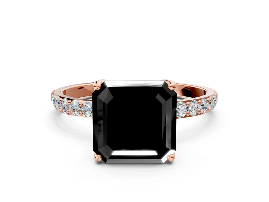 Rose gold Fancy Black Asscher Cut Diamond Solitaire Engagement Ring with Pavé Band and Prong Setting