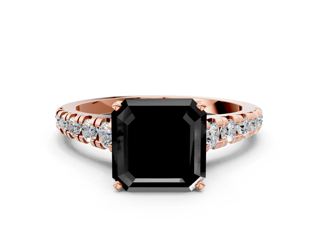 Rose gold Fancy Black Asscher Cut Diamond Solitaire Ring with Cathedral Setting and Pavé Band