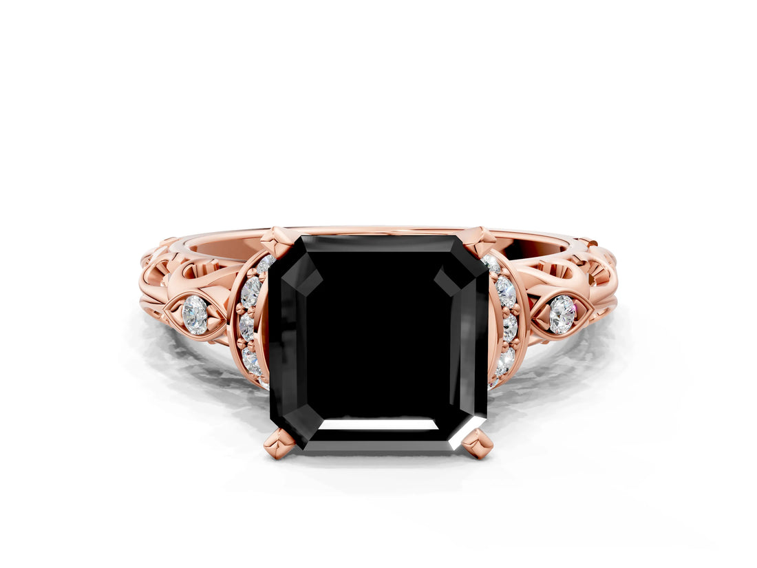 Rose gold Fancy Black Asscher Cut Diamond Solitaire Ring with Filigree Band and Four-Prong Setting