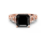 Rose gold Fancy Black Asscher Cut Diamond Solitaire Ring with Filigree Band and Four-Prong Setting