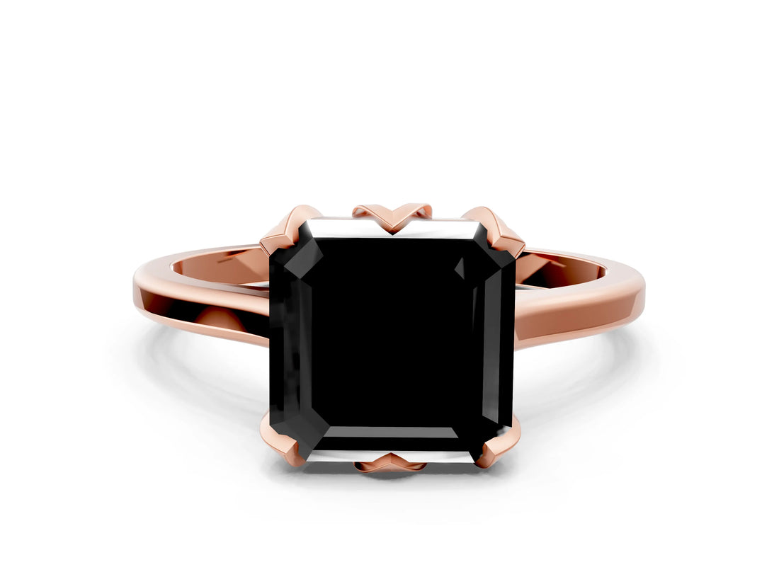 Rose gold Fancy Black Asscher Cut Diamond Solitaire Ring with Flower Prong Setting and Classic Band_12