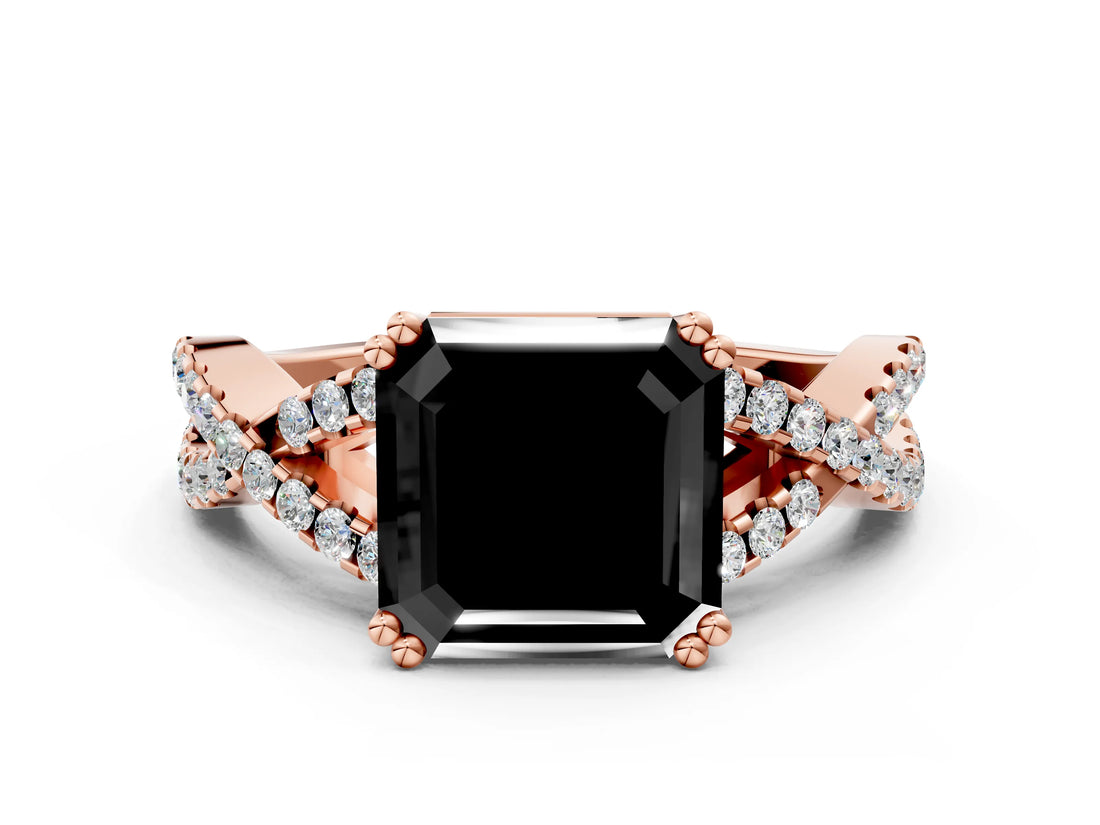 Rose gold Fancy Black Asscher Cut Diamond Solitaire Ring with Four-Prong Setting and Twisted Pavé Band