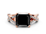 Rose gold Fancy Black Asscher Cut Diamond Solitaire Ring with Four-Prong Setting and Twisted Pavé Band