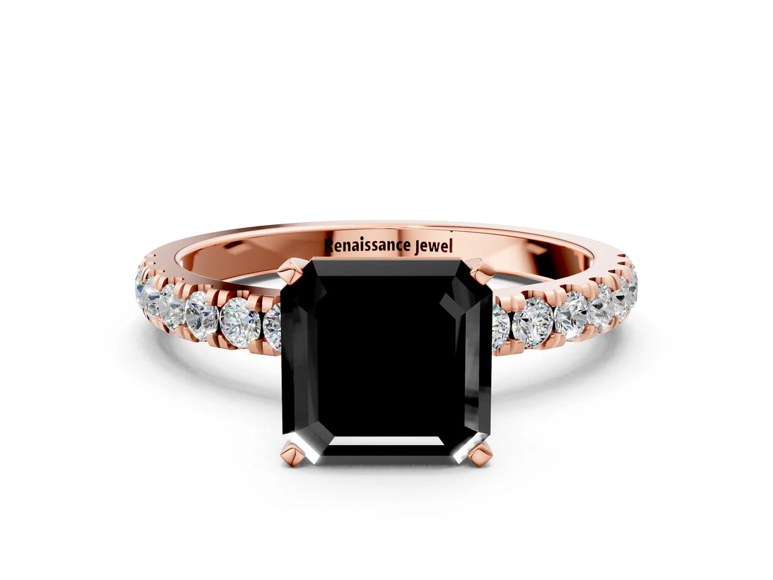 Rose gold Fancy Black Asscher Cut Diamond Solitaire Ring with Pavé Accents and Four-Prong Setting