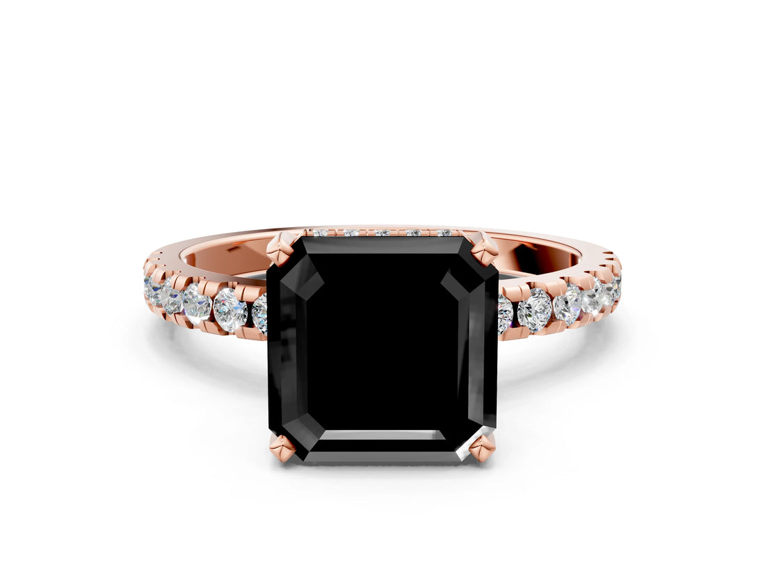 Rose gold Fancy Black Asscher Cut Diamond Solitaire Ring with Pavé Band and Four-Prong Setting_12