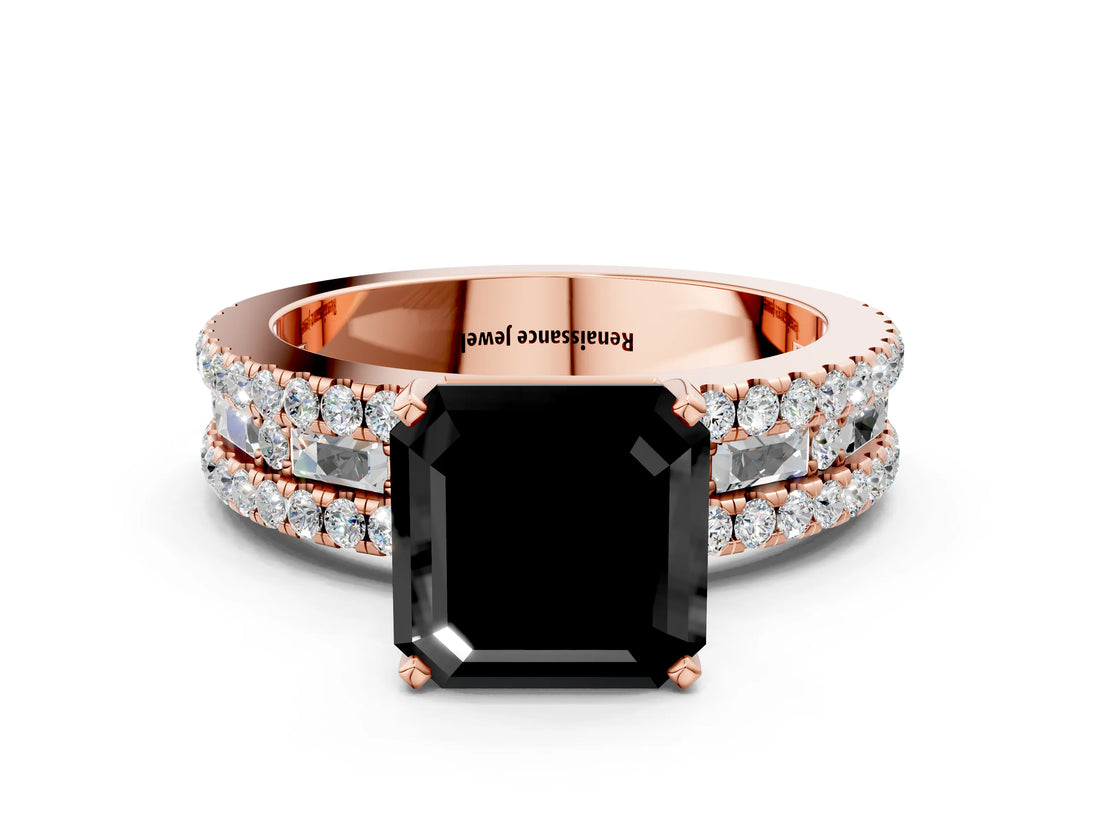 Rose gold Fancy Black Asscher Cut Diamond Solitaire Ring with Pavé and Channel Set Band