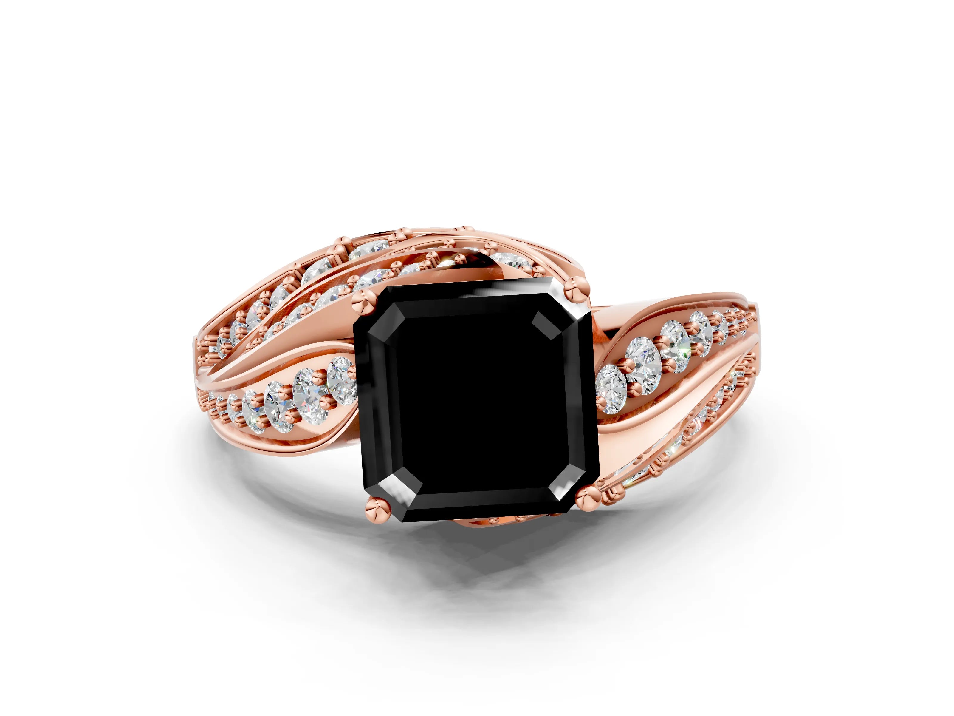 Rose gold Fancy Black Asscher Cut Diamond Solitaire Ring with Prong Setting and Twisted Pavé Band