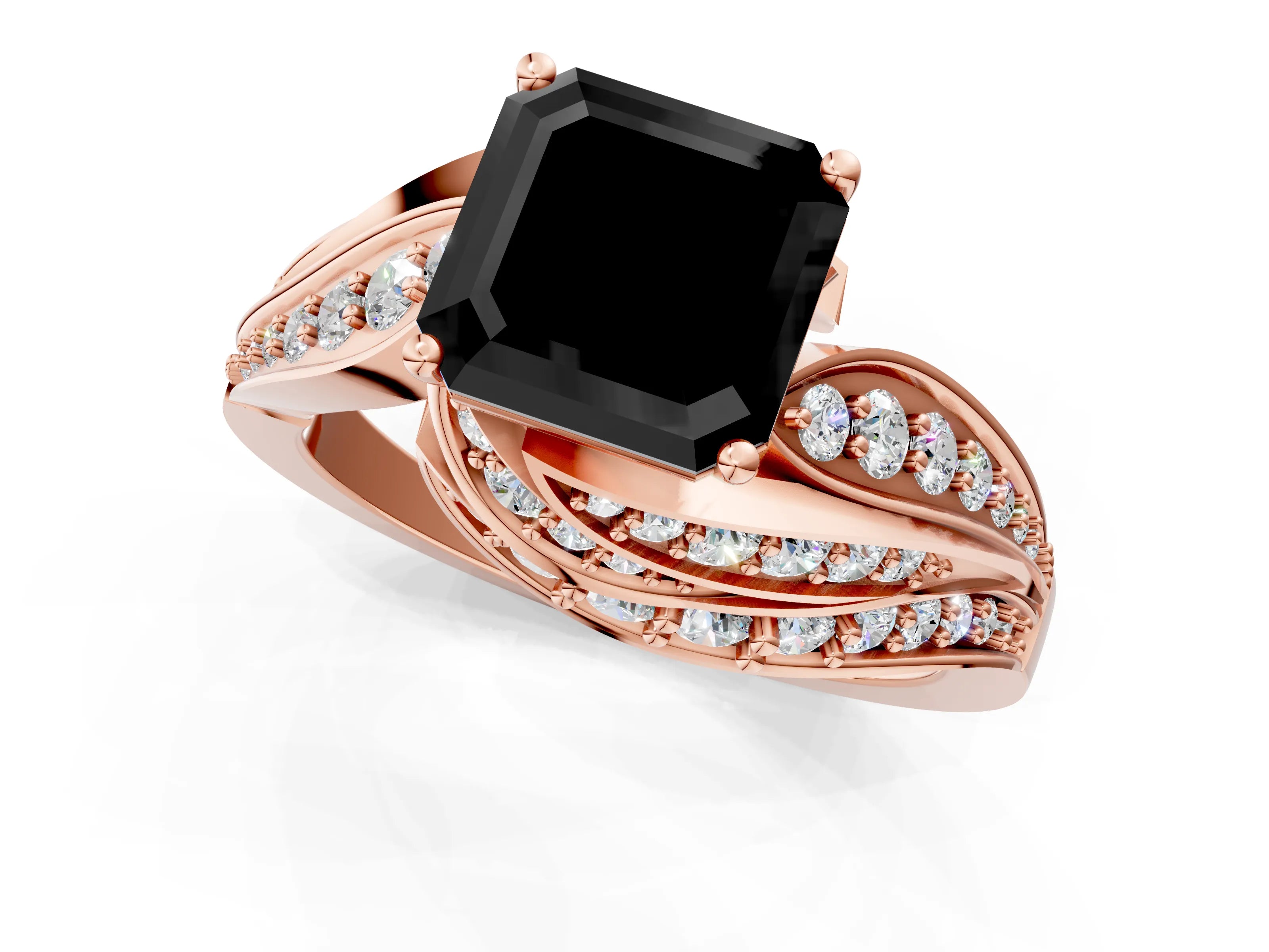 Rose gold Fancy Black Asscher Cut Diamond Solitaire Ring with Prong Setting and Twisted Pavé Band_1
