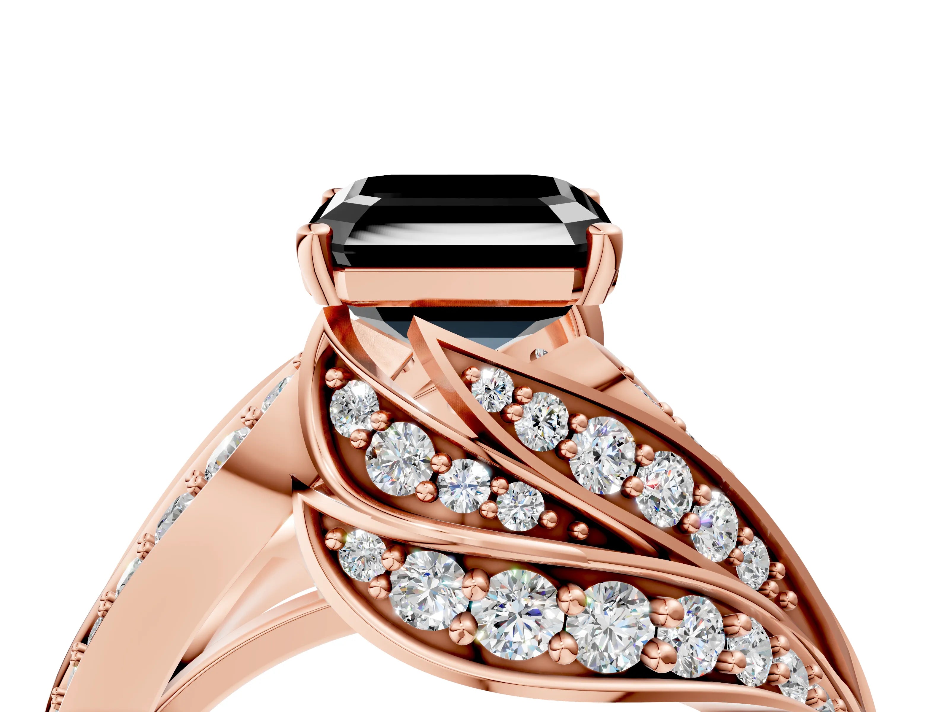 Rose gold Fancy Black Asscher Cut Diamond Solitaire Ring with Prong Setting and Twisted Pavé Band_4
