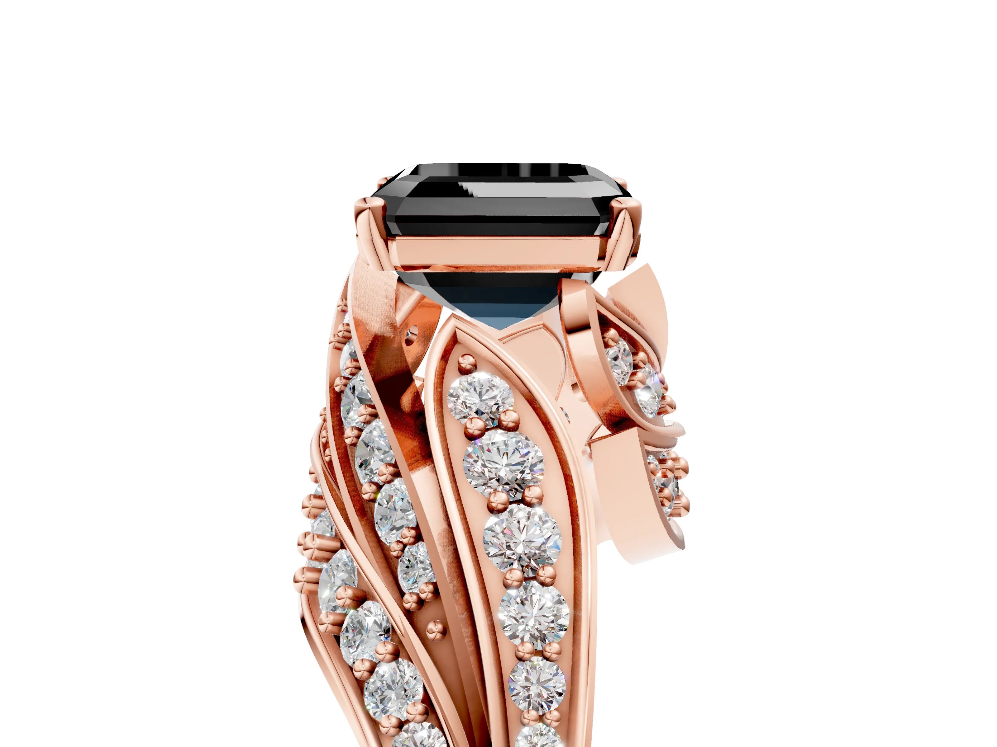 Rose gold Fancy Black Asscher Cut Diamond Solitaire Ring with Prong Setting and Twisted Pavé Band_5
