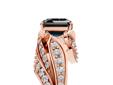 Rose gold Fancy Black Asscher Cut Diamond Solitaire Ring with Prong Setting and Twisted Pavé Band_5