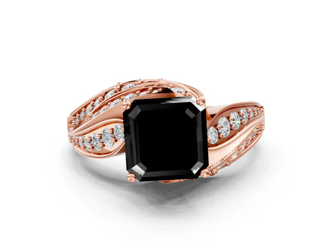 Rose gold Fancy Black Asscher Cut Diamond Solitaire Ring with Prong Setting and Twisted Pavé Band