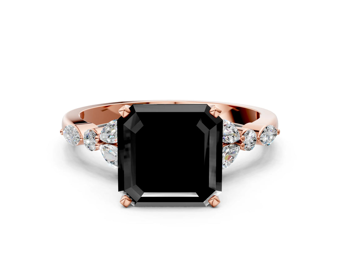 Rose gold Fancy Black Asscher Cut Diamond Solitaire Ring with Side Stones and Four-Prong Setting_12