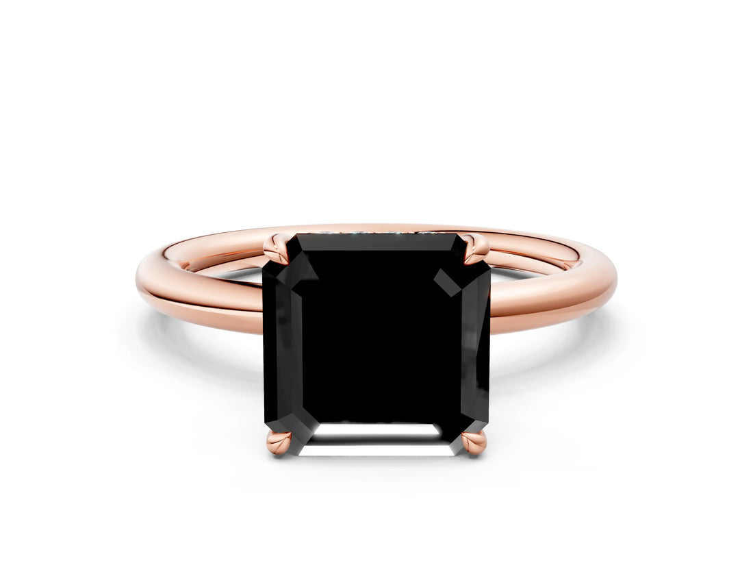 Rose gold Fancy Black Asscher Cut Diamond Solitaire Ring with Thin Band and Four-Prong Setting